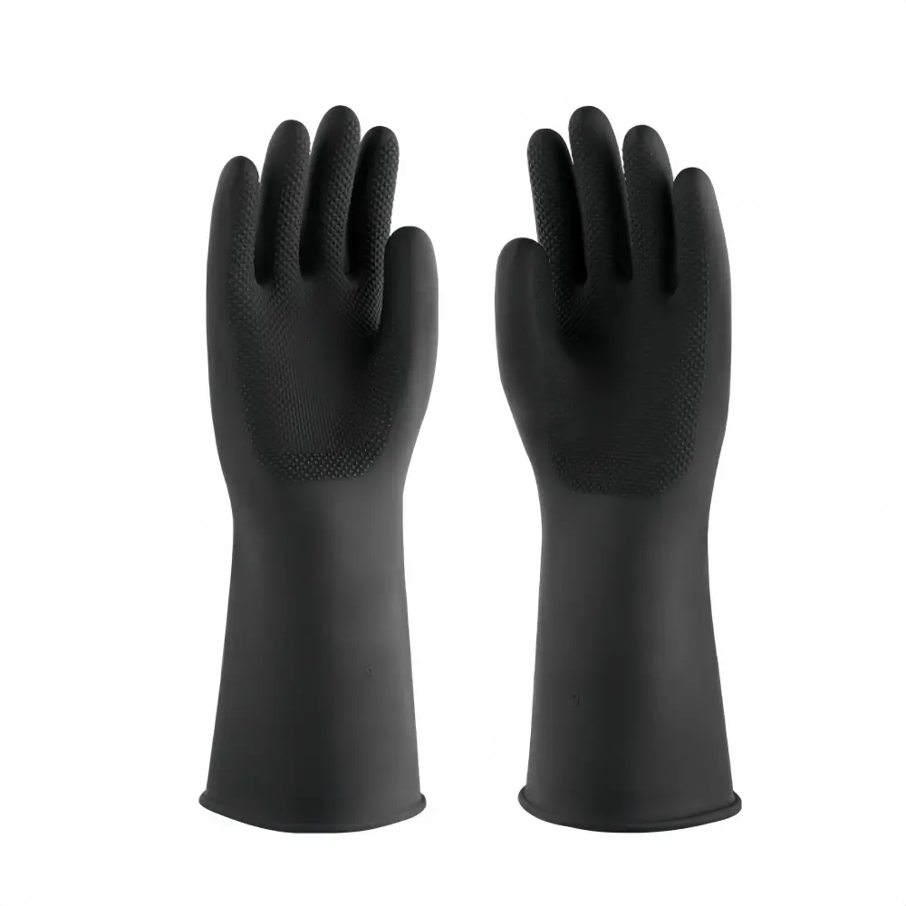 Diamond Textured Anti-Slip Black Latex Chemical Resistant Gloves (2)