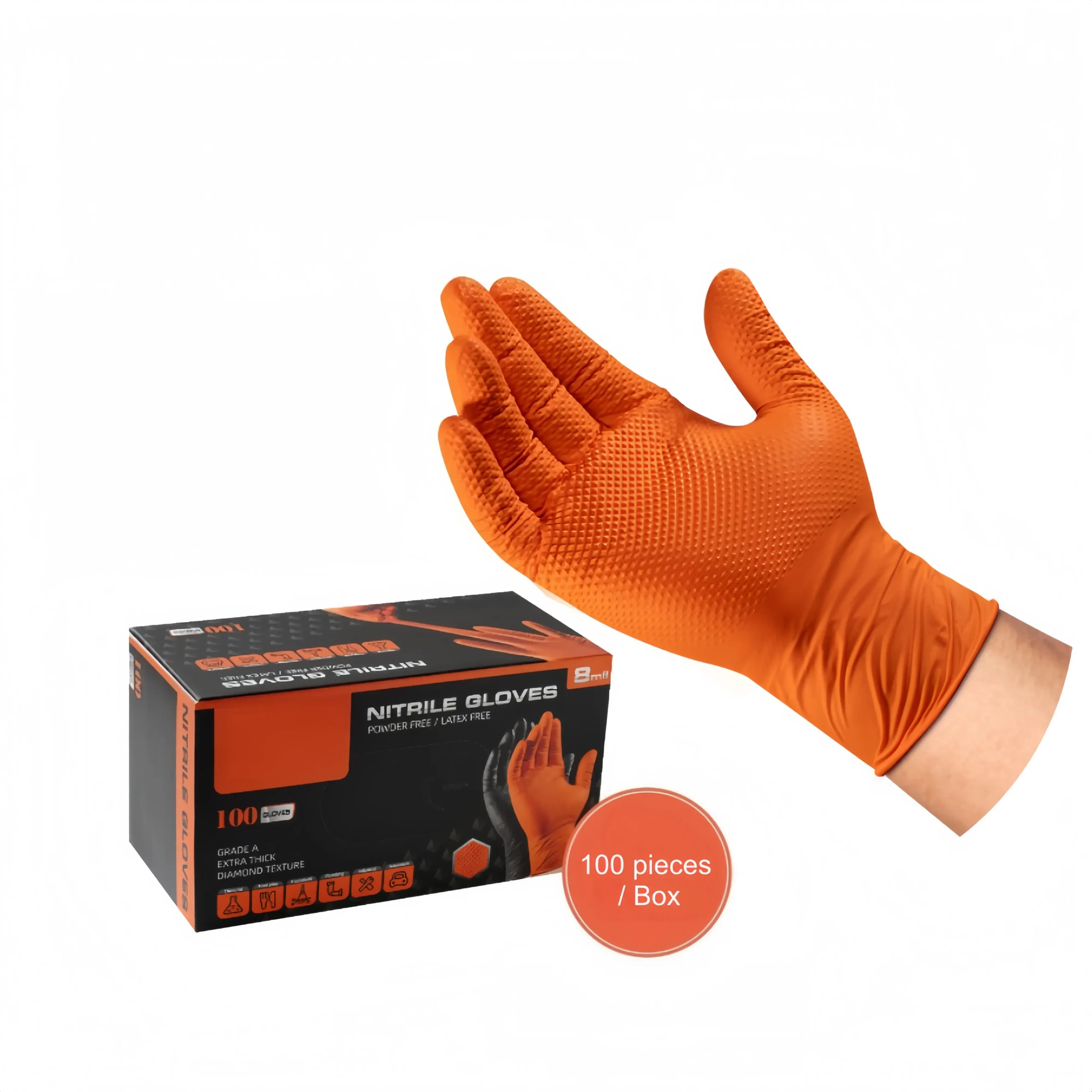 Extra Thick Diamond Textured Orange Disposable Nitrile Gloves